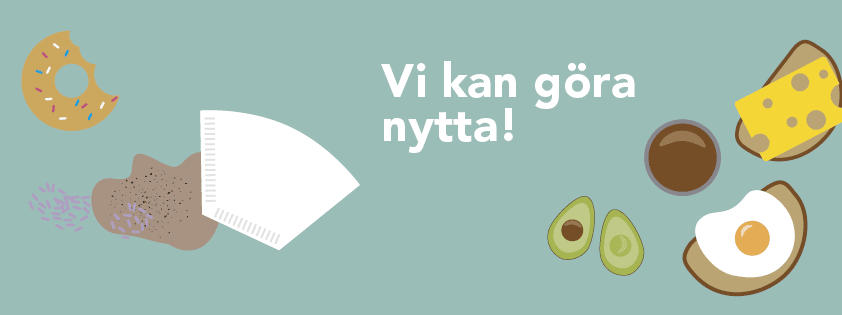 En illustrerad bild på exempel på matavfall som ett stekt ägg, en brödskiva, en äppelskrutt och ett kaffefilter och texten "vi kan göra nytta".