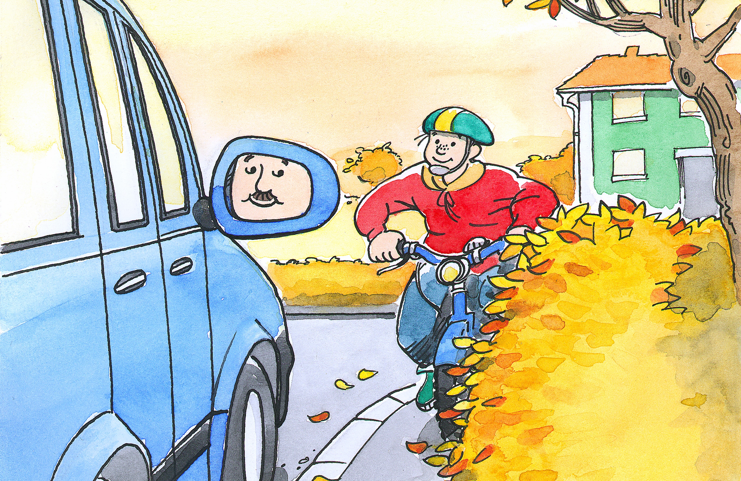 Illustration på en blå bil där förarens ansikte syns i sidobackspegeln som möter en cyklist i röd jacka. Cyklisten har en bred häck innanför sig.