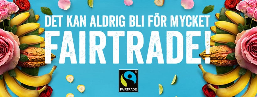 Fairtrades logotyp omges av bananer och rosa rosor.
