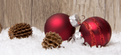 Kottar och röda julgranskulor ligger på en bädd av snöflingor.