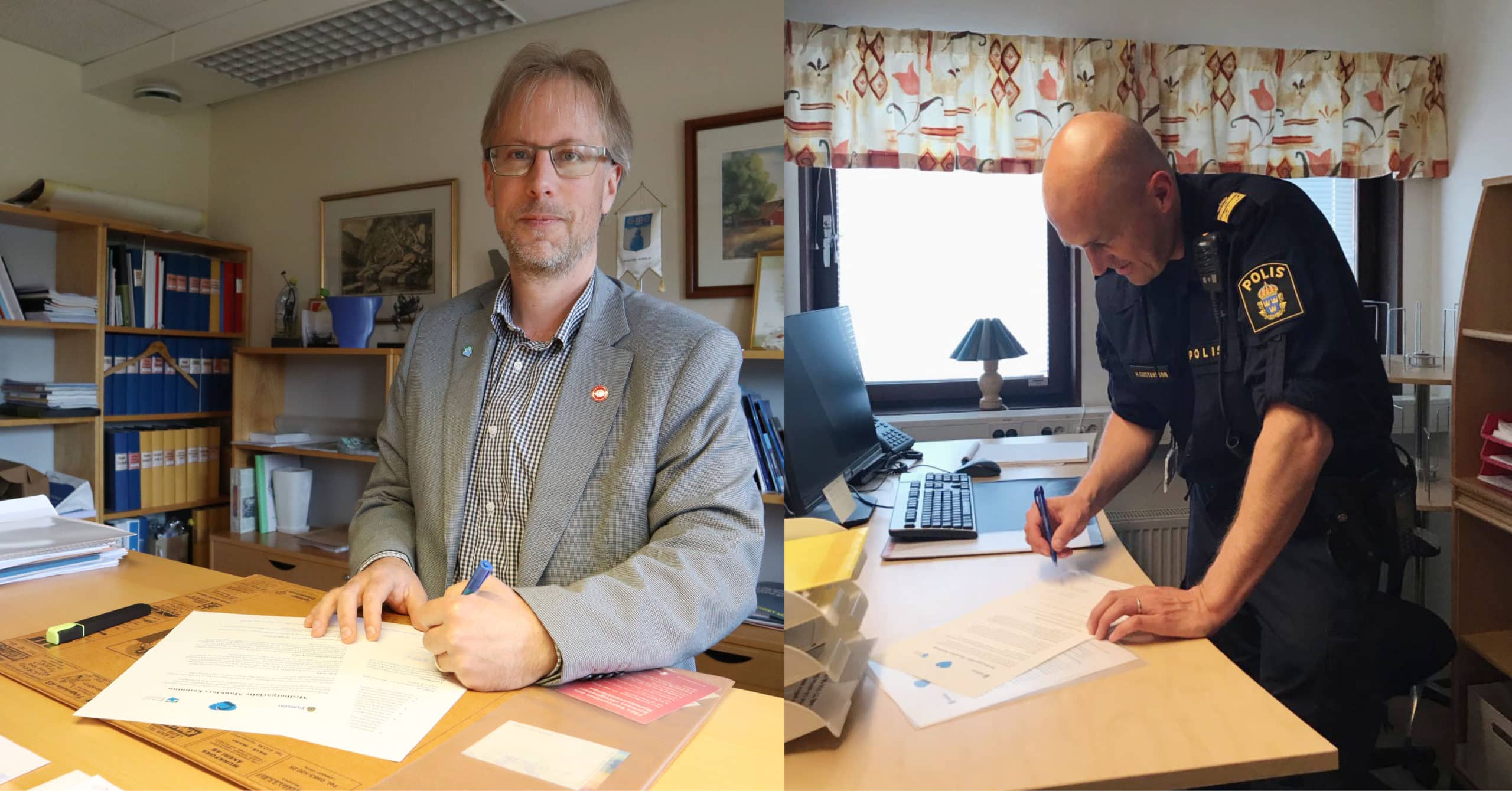 Mathias Lindquist, kommunalråd och länsområdespolis Henrik Gustavsson skriver under medborgarlöftet mellan kommun och polis.
