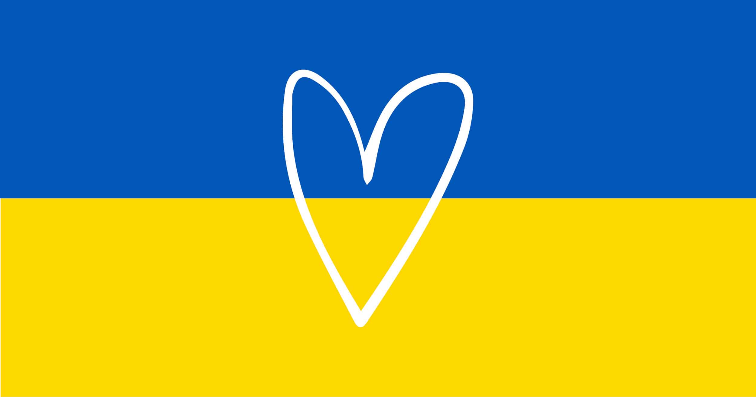 Ukrainas flagga som är blå och gul. I mitten av flaggan finns ett vitt hjärta.