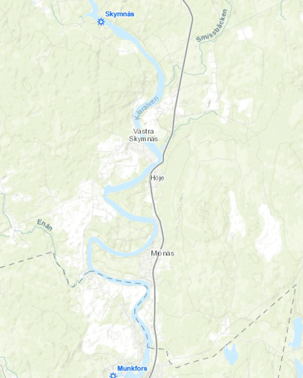 Kartbild över sträckan Munkfors-Skymnäs. 