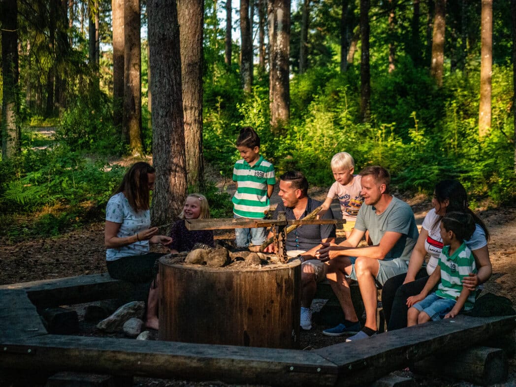 Två familjer sitter runt en grillplats.