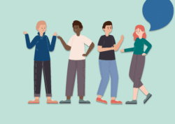 Illustration av fyra personer som pratar. En pratbubbla syns.